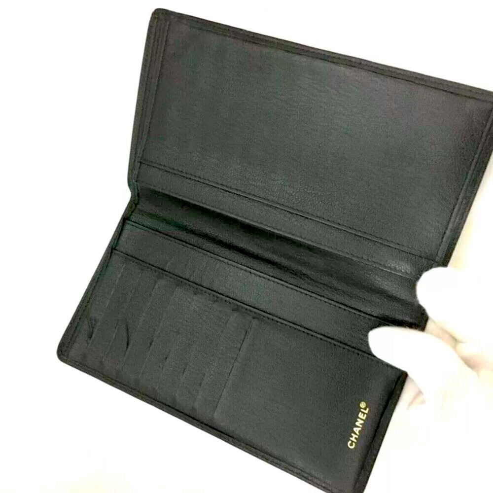 ❌SOLD❌Authentic CHANEL CC Logo Black Leather X Gold Long Wallet W/ Serial Card - Picture 5 of 8